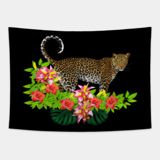 Tropical Jaguar Cat Floral theme Tapestry