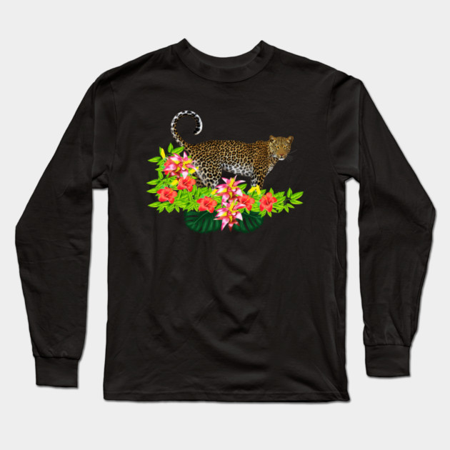 Tropical Jaguar Cat Floral theme Long Sleeve T-Shirt by logiamerch