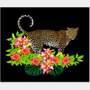 Tropical Jaguar Cat Floral theme Posters and Art