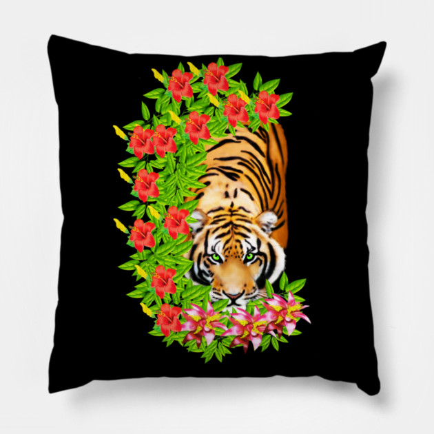 Tiger Tropical Cat Floral Palm Leaves Pillow by logiamerch