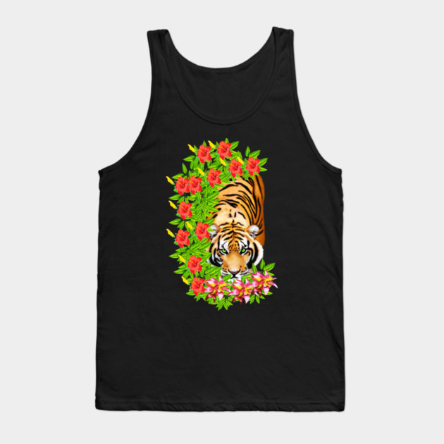 Tiger Tropical Cat Floral Palm Leaves Tank Top by logiamerch