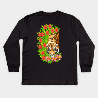 Tiger Tropical Cat Floral Palm Leaves Kids Long Sleeve T-Shirt