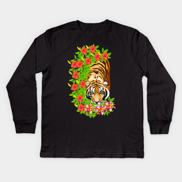 Tiger Tropical Cat Floral Palm Leaves Kids Long Sleeve T-Shirt by logiamerch