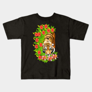 Tiger Tropical Cat Floral Palm Leaves Kids T-Shirt