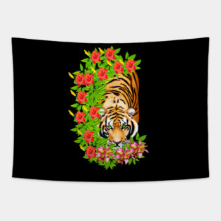 Tiger Tropical Cat Floral Palm Leaves Tapestry
