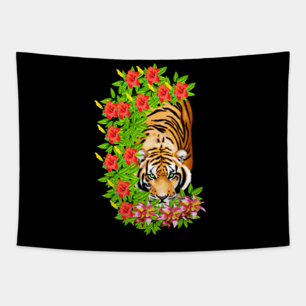 Tiger Tropical Cat Floral Palm Leaves Tapestry by logiamerch