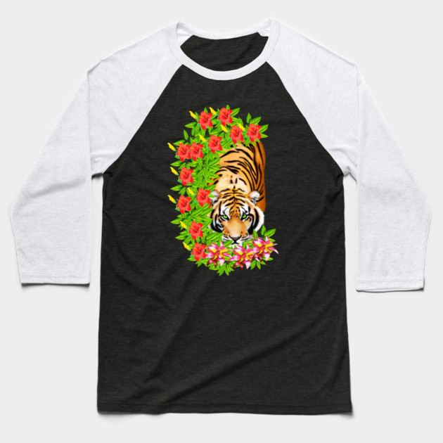 Tiger Tropical Cat Floral Palm Leaves Baseball T-Shirt by logiamerch