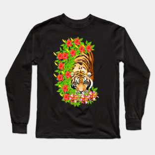 Tiger Tropical Cat Floral Palm Leaves Long Sleeve T-Shirt