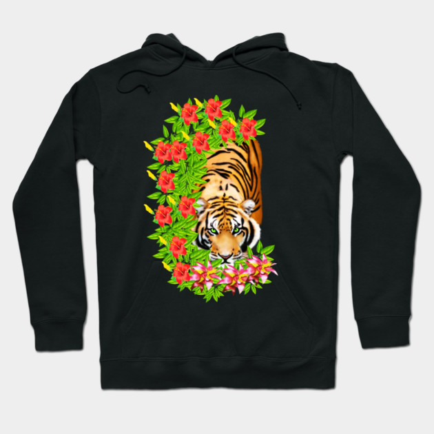 Tiger Tropical Cat Floral Palm Leaves Hoodie by logiamerch
