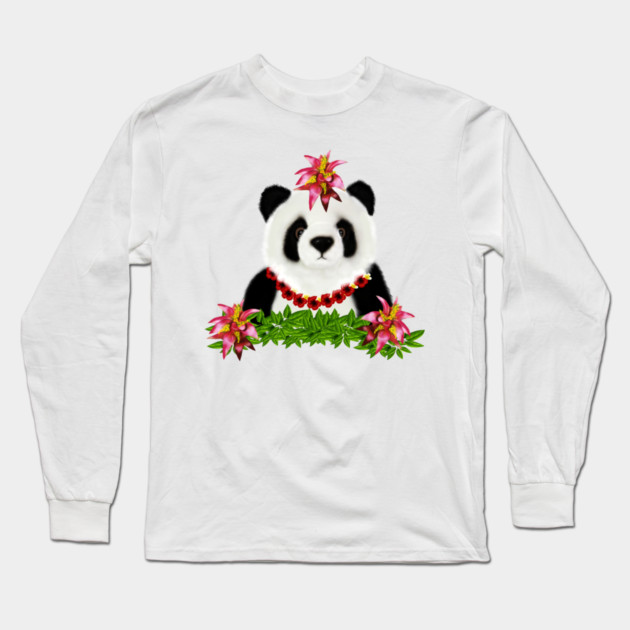 Panda, Tropical Bear, Floral Long Sleeve T-Shirt by logiamerch