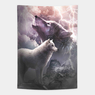 Lightning Wolf Howling At The Moon Tapestry