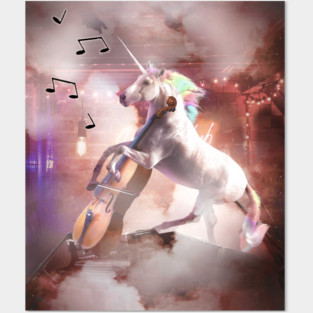 Funny Cute Rainbow Unicorn Playing Cello Posters and Art