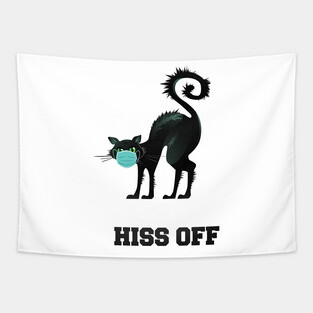 Hiss Off Black Cat with Face Mask Tapestry