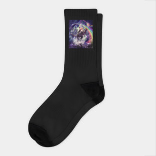 Rainbow Laser Space Cat On Dinosaur Eating Pizza Socks
