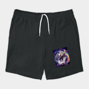 Rainbow Laser Space Cat On Dinosaur Eating Pizza Shorts