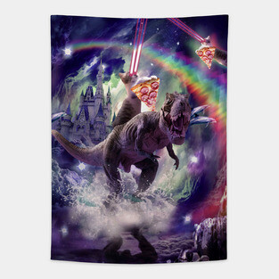 Rainbow Laser Space Cat On Dinosaur Eating Pizza Tapestry