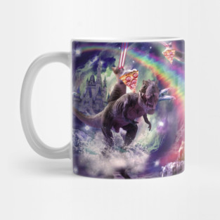 Rainbow Laser Space Cat On Dinosaur Eating Pizza Mug