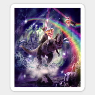 Rainbow Laser Space Cat On Dinosaur Eating Pizza Sticker