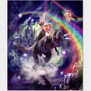 Rainbow Laser Space Cat On Dinosaur Eating Pizza Posters and Art
