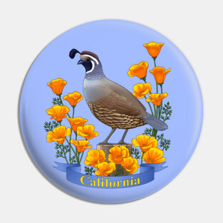 California State Bird Quail and Poppy Flower Pin
